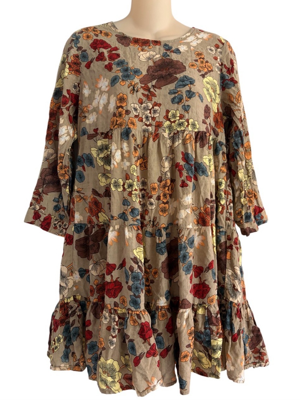 Natural Life Boho Tiered Floral Babydoll Mini Dress 3/4 Sleeve Tan Size Small